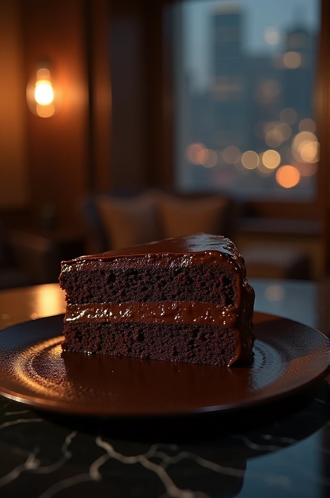 Chocolate cinematic movie scene, bolo de chocolate, darkness background, quality photo, Wet texture, penthouse, studio photo, slice. shallow depth of field, vignettes, highly detailed, high budget, bokeh, cinemascope, temperamental, epic, comely, film grain, grainy.