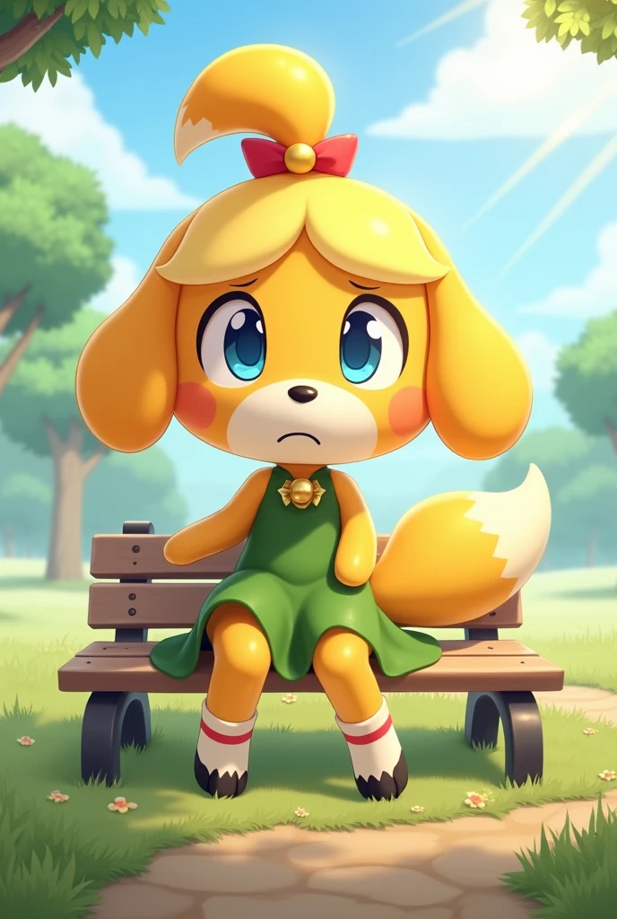 [isaCrossing], [Isabelle], [Animal Crossing], [Uploaded to e621.net; (Pixelsketcher), (wamudraws)], ((masterpiece)), ((HD)), ((high res)), ((solo portrait)), ((front view)), ((ass focus)), ((feet visible)), ((furry; anthro)), ((detailed fur)), ((detailed shading)), ((beautiful render art)), {anthro; (slim figure), yellow fur, black nose, (cute blue eyes), (blonde hair), (bells in hair), topknot, fluffy tail, (sharp black claws), (curvy hips), (beautiful legs), (beautiful feet), (blushing), (cute smirk)}, (nervous expression)}, {(red ribbon in hair), (short green flowy dress)}, {(sitting on bench), (nervous demeanor), looking at viewer)}, [background; (park), (grass plains), (beaten path), (blue sky), (sun rays), (ambient lighting) (socks on) (soles at viewer)]