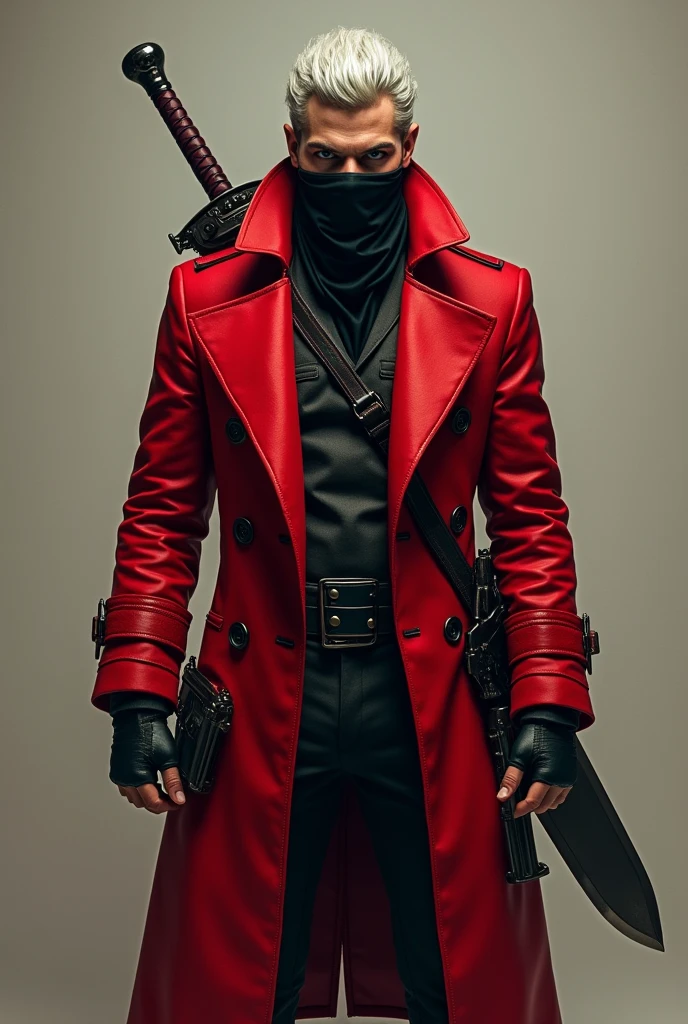 Create an anti-hero. that measures 1,87 cm, that is with a marked physique, that wears a red trench coat, a large sword on his back, Wearing black leather fingerless gloves, to wear a black bandana, to cover your mouth, look at the nose,, her cheekbones, and that on the sides of the legs, carry 2 revolver weapons.