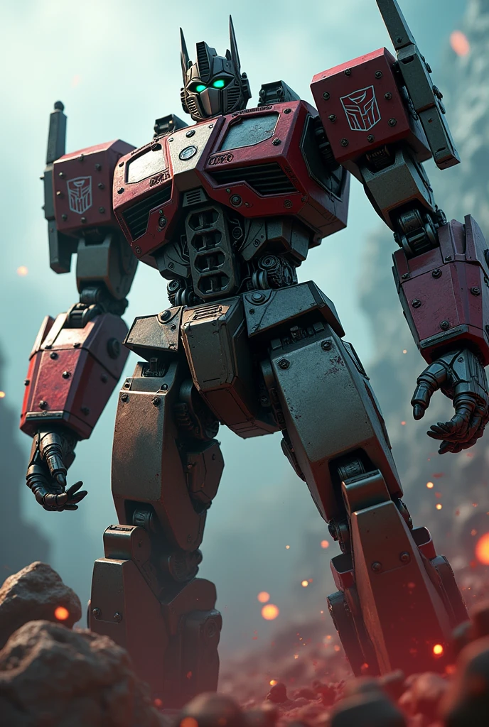 realistic mechanical robot, detailed mechanical textures, gears, Optimus Prime, intense battle, Kirito death Sword Art Online, blood splatter, gore, violent action, dark moody lighting, cinematic camera angle, dramatic shadows, highly detailed, 4k, photorealistic, studio lighting, extreme detail description, HDR, physically-based rendering