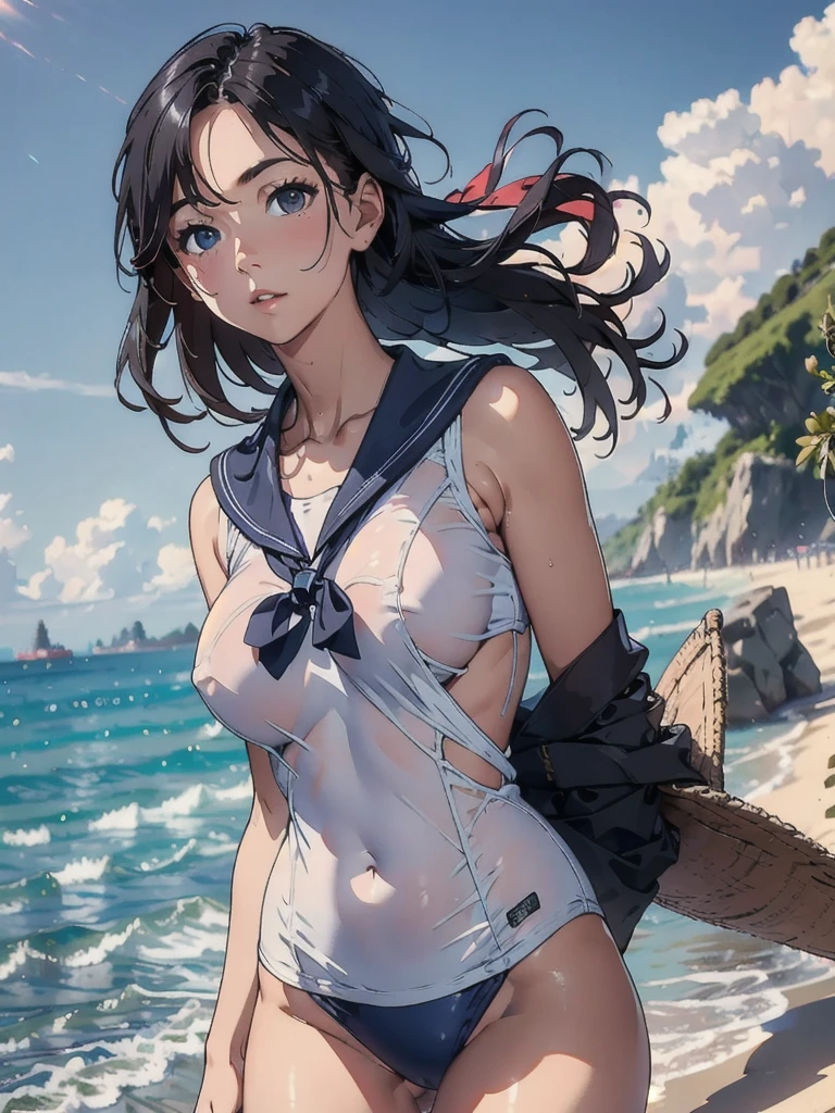 (8k, RAW Photos, Highest quality, masterpiece: 1.2), (Realistic: 1.37)、Photorealistic perfect body 、(solo:1.2), Beach, School Swimsuit 、Sailor suit shirt only、50mm lens、Beautiful blue sky、Dominant Pose、Boob proportions、bright