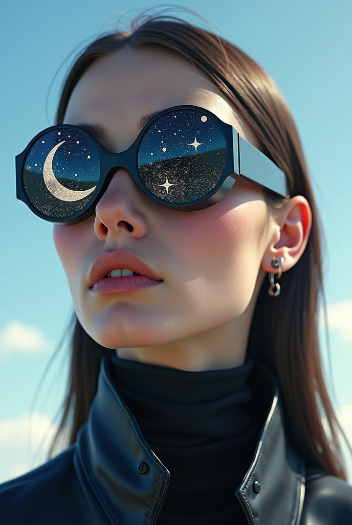 The model is wearing glass sunglasses with stars and the moon on the glass