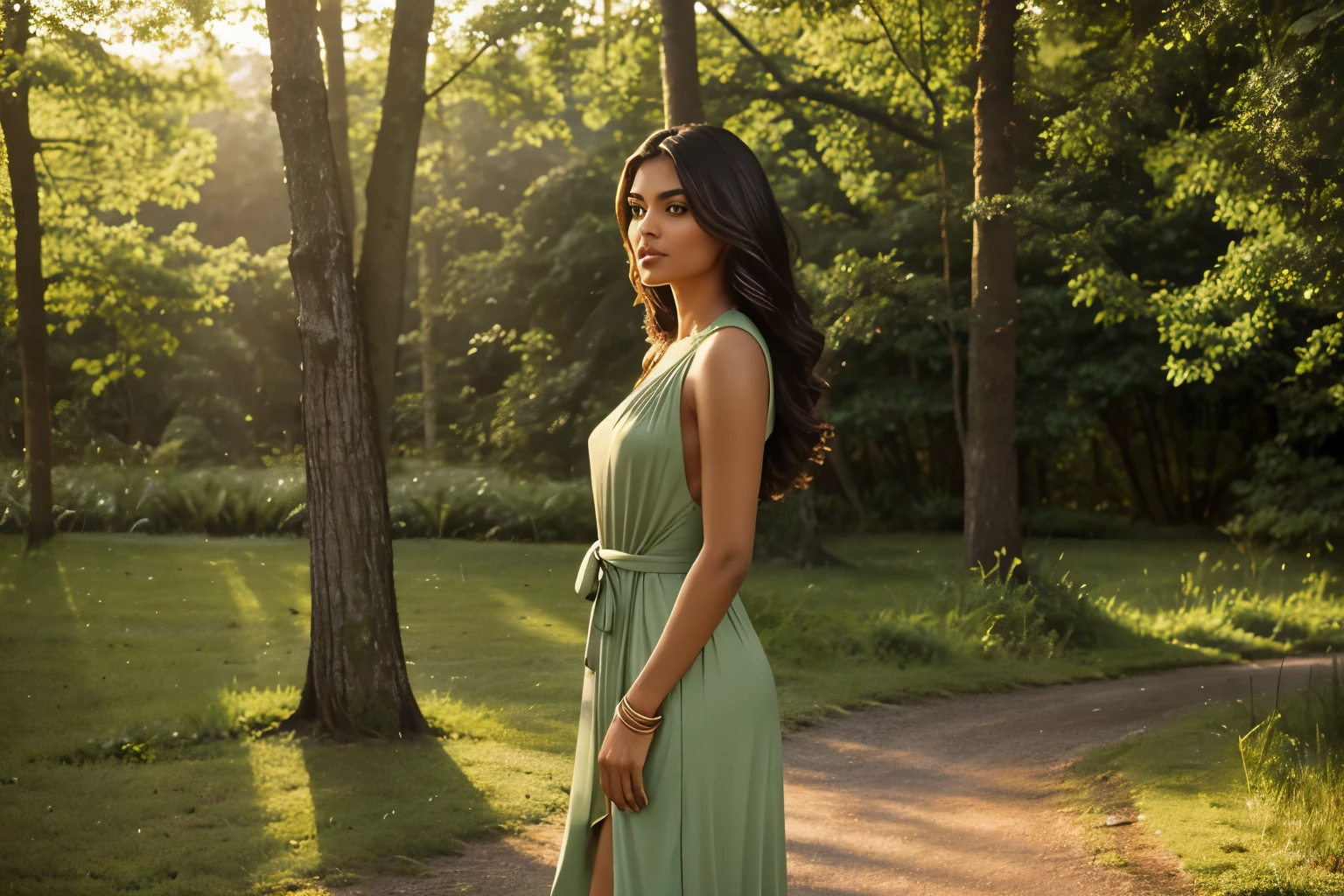 A tranquil scene featuring a desi woman in a modern, sexy attire, standing confidently in a lush, green landscape. She wears a stylish, form-fitting dress with contemporary flair, perfectly blending elegance and allure. Soft sunlight filters through the trees, casting a warm glow on her, while her hair gently sways in the breeze. The natural beauty of the surrounding landscape, with distant hills and a peaceful atmosphere, contrasts with her bold and confident presence, creating a striking visual harmony."