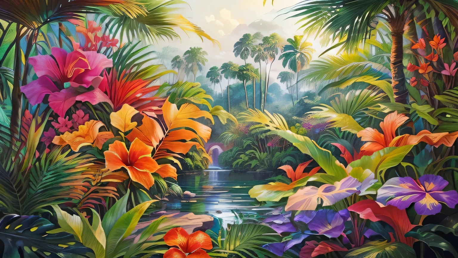 painting of a tropical scene with flowers and trees, mysterious jungle painting, colourful jungle, tropical paradise, lush oasis, tropical landscape, tropical jungle, large jungle flowers, tropical atmosphere, tropical setting, jungle scene, colorful tropical plants, lush jungle, tropical flowers, fantasy jungle, tropical forest, in a tropical forest, lush vista, jungle landscape, tropical pool, jungle setting