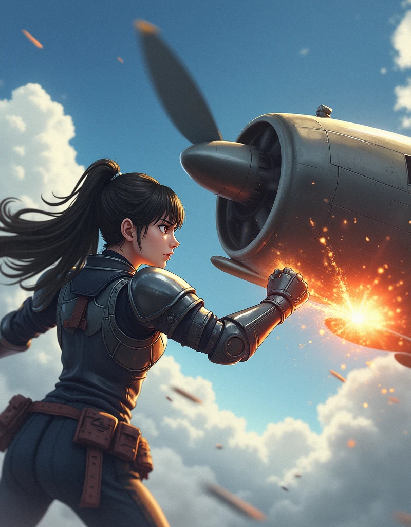 (Hight detalis) A girl in armor with an angry facial expression on sky hit the nose of a fighter plane until it broke and burned. Background sky