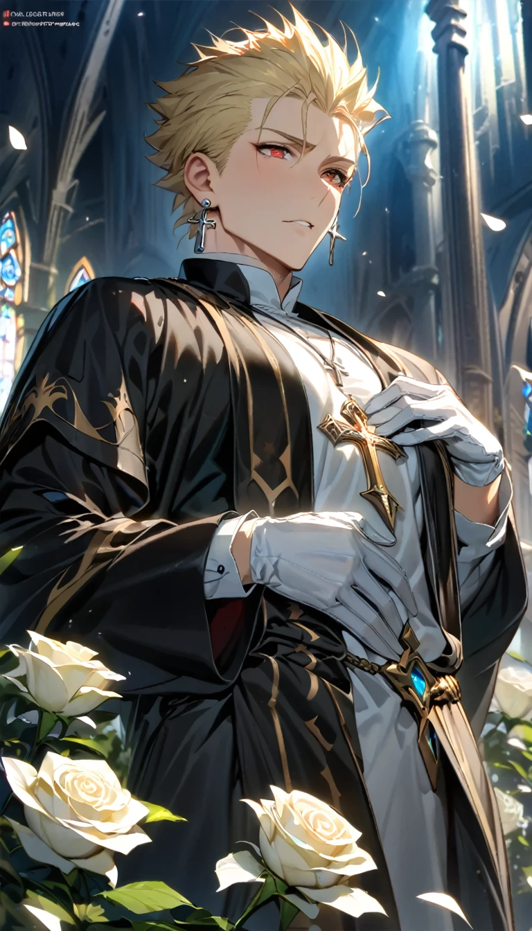 absurdres, highres, ultra detailed, HDR, master piece, best quality, Gilgamesh, blonde hair, slicked up hair, ruffled hair, expressive red eyes, Fate Stay Night, solo, sexy man, handsome, horny, lewd, black priest robes, accessories, earrings, showing the chest, cross necklace, priest, white gloves, fantasy, magical, white roses, white petals, blue sky, church