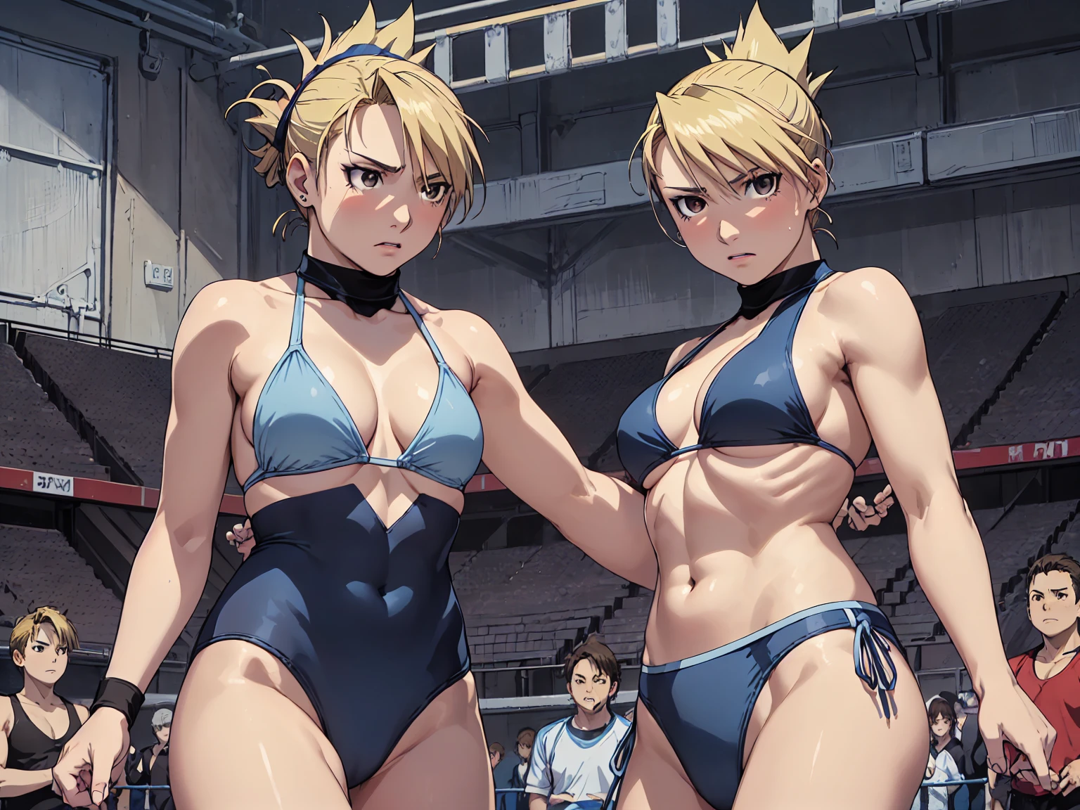 masterpiece, Highest quality, High resolution, One Girl, Hamriz, ponytail, Brown eyes,big , マイクロbikini、Cowboy Shot、Muscular body、blush、Sweat、Composition from the front、anime、(((Light blue bikini、Stand in front、audience、Shaking breasts、 Fully exposed、I-shaped balance、Spread your legs、kick、look forward to)))、((Wrestling Arena)), (Female wrestler), (Slender body, 発Sweat, tired), Mature Woman, Mature Woman, (bikini, Very sophisticated wrestling equipment) 