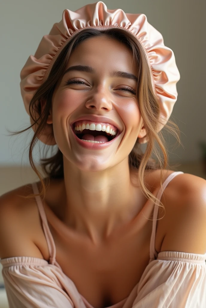 Laughing woman showing and wearing a satin cap 
