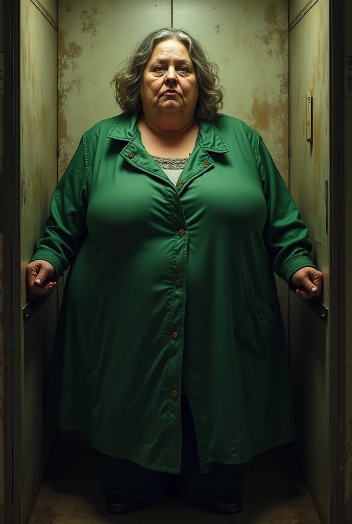 A fat lady wearing old green coat that ballooned around her. She had a fleshy cheeks and no chin just a huge mass of neck. Her blue eyes were tiny but sharp. The lady was not that old and the background is elevator. The elevator is very small and old. The elevator walls are very dirty with poor lighting