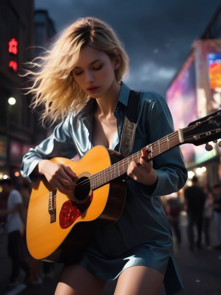 ((Masterpiece in maximum 16K resolution):1.6),((soft_color_photograpy:)1.5), ((Ultra-Detailed):1.4),((Movie-like still images and dynamic angles):1.3) | ((double contact):1.3), ((Beautiful Blonde Female Musician silhoutte effect):1.2), ((Superimposed on Pretty Female):1.1)《dark city sky》Agnes Cecile, Jeremy Mann, Oil and ink on canvas, fine dark art, super dramatic light, photoillustration, amazing depth, the ultra-detailed, iridescent black, superfluous dreams, intricately details, amazing depth, Amazing atmosphere, Mesmerizing whimsical vibrant landscapes, ((Female musician playing guitar):1.5), Maximalism ((beautiful outside, Ugly inside, pressure and pain, beauty and despair, hard and soft, positive and negative, hot and cold, Sweet and sour, Vibrant but boring, Perfect harmony, light and shadows, old and young, Black and white, Corresponding color, loud and quiet, Chaos and peace, life and death):1.2) The complex masterpiece of a real-time engineering leader. | Rendered in ultra-high definition with UHD and retina quality, this masterpiece ensures anatomical correctness and textured skin with super detail. With a focus on high quality and accuracy, this award-winning portrayal captures every nuance in stunning 16k resolution, immersing viewers in its lifelike depiction. | ((perfect_composition, perfect_design, perfect_layout, perfect_detail, ultra_detailed)), ((enhance_all, fix_everything)), More Detail, Enhance. | (((perfect_fingers))), (((perfect_legs))), (((perfect_hands))),