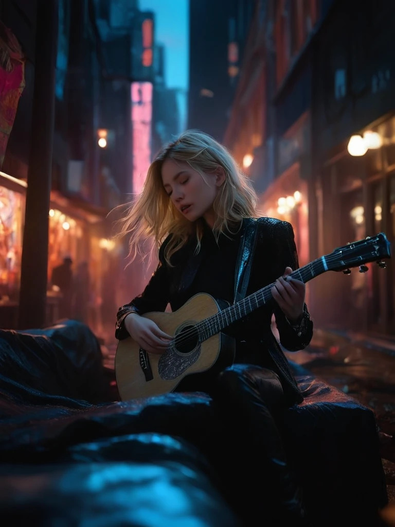 ((Masterpiece in maximum 16K resolution):1.6),((soft_color_photograpy:)1.5), ((Ultra-Detailed):1.4),((Movie-like still images and dynamic angles):1.3) | ((double contact):1.3), ((Beautiful Blonde Female Musician silhoutte effect):1.2), ((Superimposed on Pretty Female):1.1)《dark city sky》Agnes Cecile, Jeremy Mann, Oil and ink on canvas, fine dark art, super dramatic light, photoillustration, amazing depth, the ultra-detailed, iridescent black, superfluous dreams, intricately details, amazing depth, Amazing atmosphere, Mesmerizing whimsical vibrant landscapes, ((Female musician playing guitar):1.5), Maximalism ((beautiful outside, Ugly inside, pressure and pain, beauty and despair, hard and soft, positive and negative, hot and cold, Sweet and sour, Vibrant but boring, Perfect harmony, light and shadows, old and young, Black and white, Corresponding color, loud and quiet, Chaos and peace, life and death):1.2) The complex masterpiece of a real-time engineering leader. | Rendered in ultra-high definition with UHD and retina quality, this masterpiece ensures anatomical correctness and textured skin with super detail. With a focus on high quality and accuracy, this award-winning portrayal captures every nuance in stunning 16k resolution, immersing viewers in its lifelike depiction. | ((perfect_composition, perfect_design, perfect_layout, perfect_detail, ultra_detailed)), ((enhance_all, fix_everything)), More Detail, Enhance. | (((perfect_fingers))), (((perfect_legs))), (((perfect_hands))),
