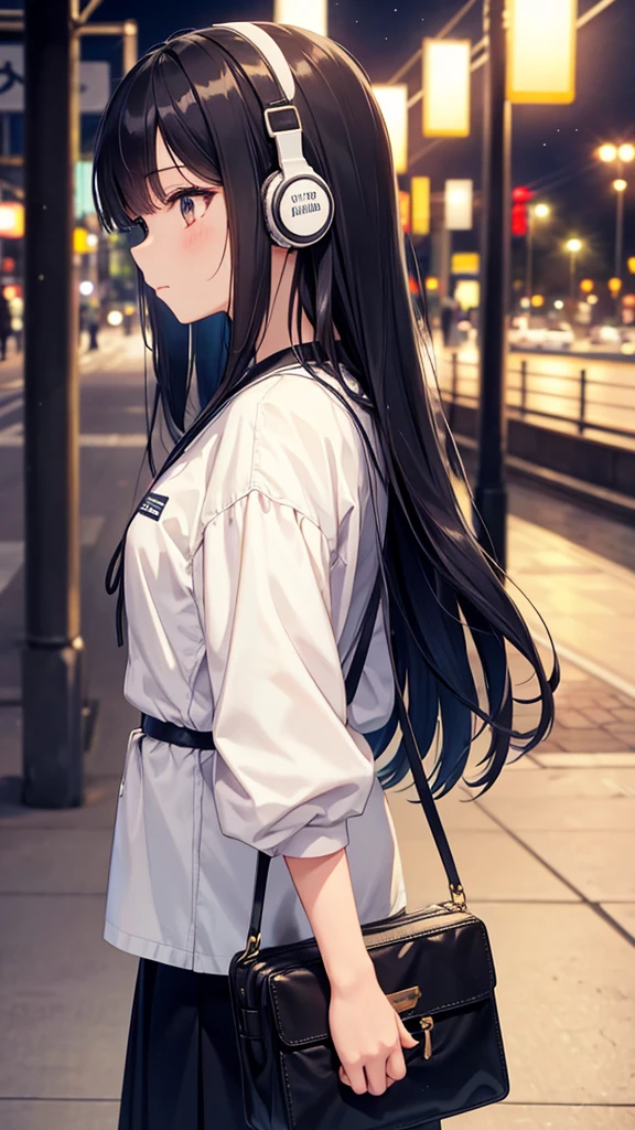 Traveling to Koshien。A young girl with black hair wearing stylish clothes and headphones labeled "lo-fi" The girl is shown in profile, gazing into the distance with a calm, relaxed expression Background depicts the iconic scenery of Namba, Osaka at night, without any text on signs A starry night sky adding to the peaceful atmosphere Overall mood is quiet and serene, perfect for lo-fi music Detailed hair rendering and careful attention to the girl's fashionable outfit The entire scene should evoke a relaxing, introspective feeling associated with lo-fi music