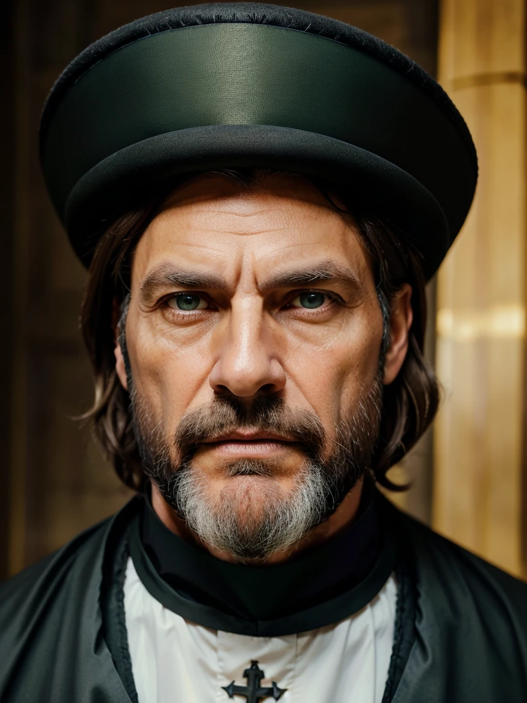 A old priest, 52 years old. He has medium length, curly, light brown hair and green eyes. His face is boyishly old, but handsome and he has beard. He is wearing a black chasuble and church hat. He is pensive and thoughtful. Cinematic lighting, realistic.