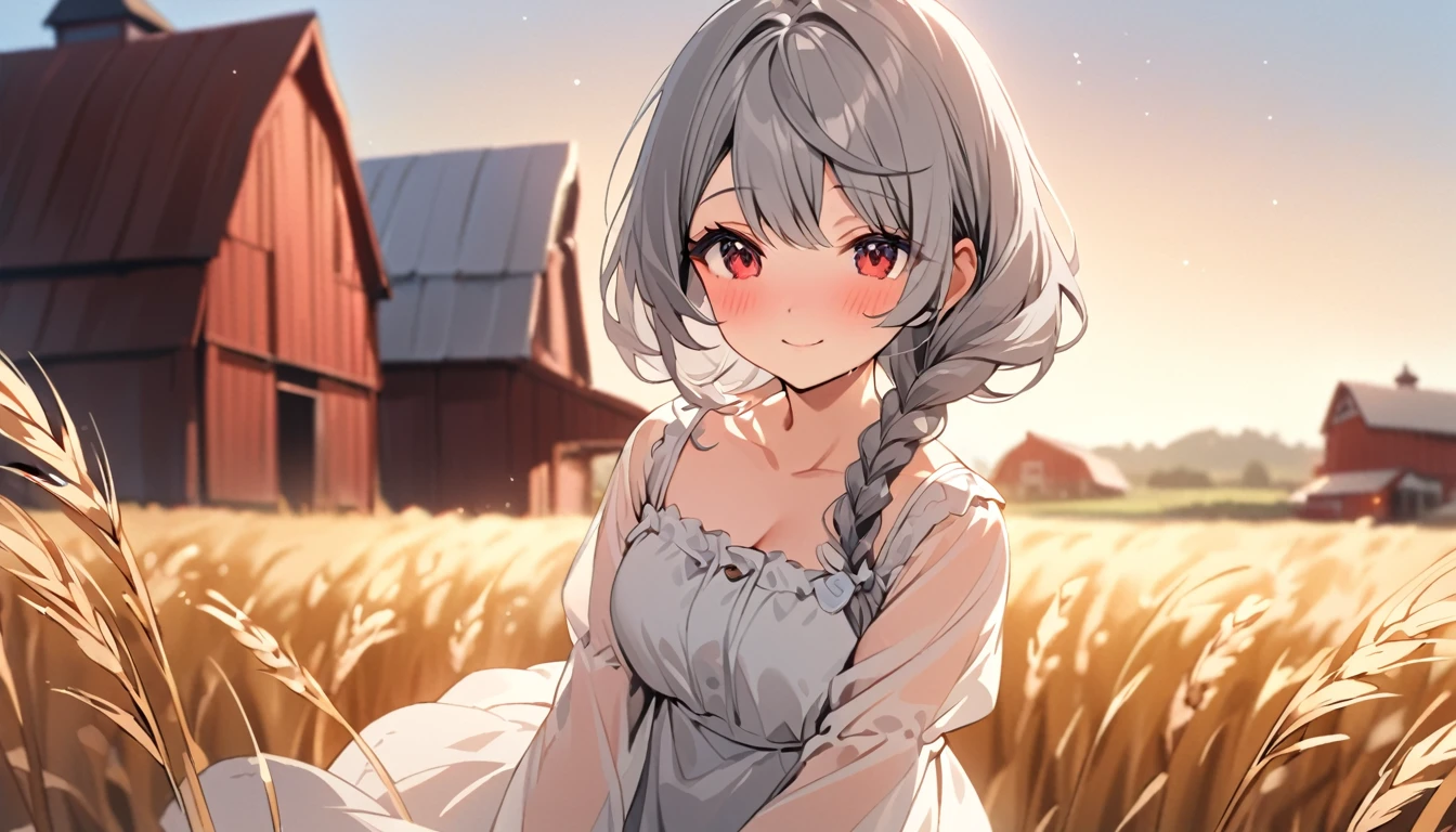 (masterpiece),(Highest quality),One woman, 20-year-old,Gray hair color black mesh,Beautiful red eyes, Tall and attractive, Wearing a cute country dress, Braided hair, Standing on a rural farm. She's gentle, A kind smile and expressive eyes. A charming barn can be seen in the background., Golden wheat fields and clear blue skies. The composition should be bathed in warm golden hour light., The soft depth of field and soft bokeh accentuate the idyllic tranquility.. Capture images that look like they were shot on vintage 35mm film for added impact, movie,