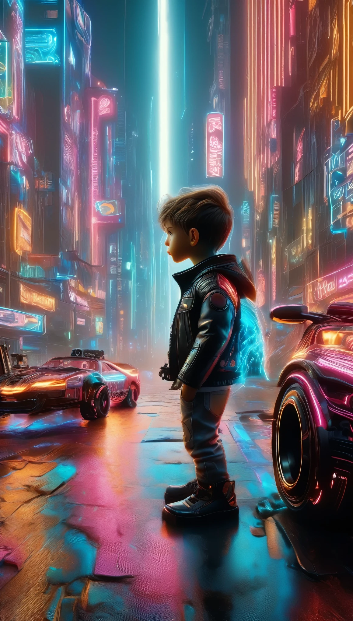 A 7-year-old boy playing with his toy cars. with a black leather jacket looking at the viewer.1.4,on a deep balcony,cyberpunk city in the distance,cyberpunk colors,neon,High Definition,8k,masterpiece,(Best Quality,4k,8k,High resolution,masterpiece:1.2),ultra detailed,(realist,photorealist,photo-realist:1.37),beautiful detailed eyes,beautiful detailed lips,extremely detailed eyes and face,long eyelashes,cinematic lighting,cinematographic composition,dramatic lighting,dynamic composition.worst quality, low quality, bad anatomy, bad hands, bad body, missing fingers, extra digit, fewer digits