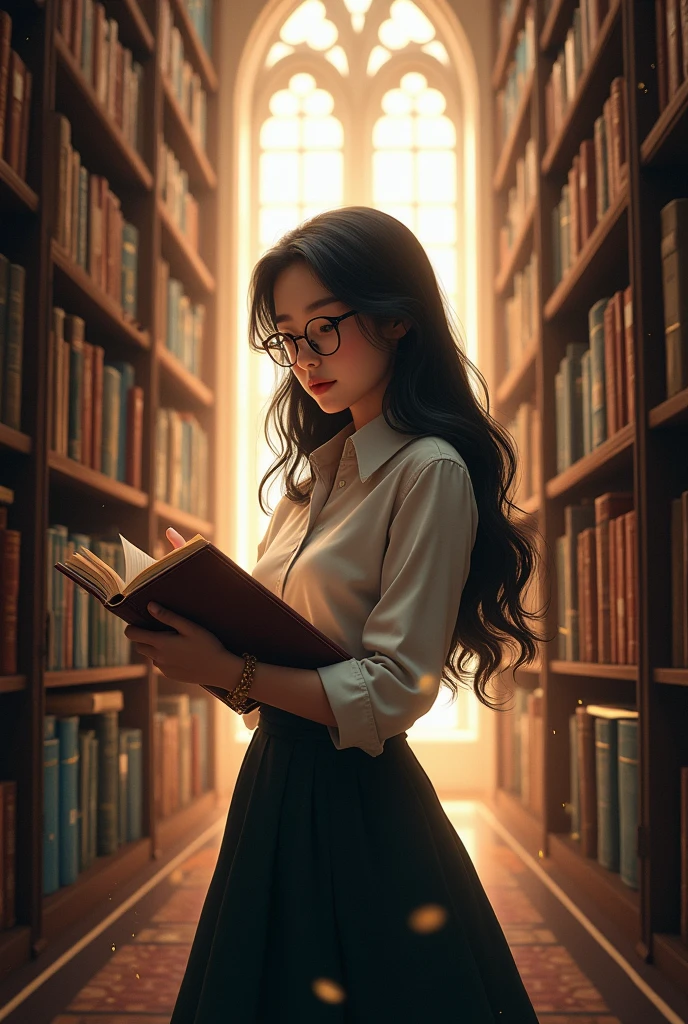 Librarian with round glasses and long black hair