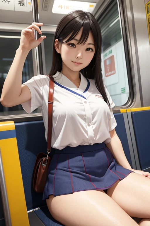 Japanese women、mini skirt、Underwear is visible、Thick thighs、sitting in a train seat、sitting in the front seat、Viewer's perspective、Too much exposure
