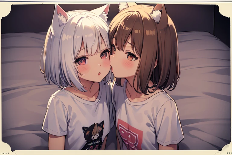 NSFW1.3　Printed Polaroid Photo\(2females および2人の cute,cute) kiss 2girls　Five fingers　Five fingers　Small wolf ears　Small wolf ears　White Shorthair　Brown short hair　Petite　 Petite　Normal chest　Normal chest　first round　T-Shirts　T-Shirts　Background is inside on the bed　