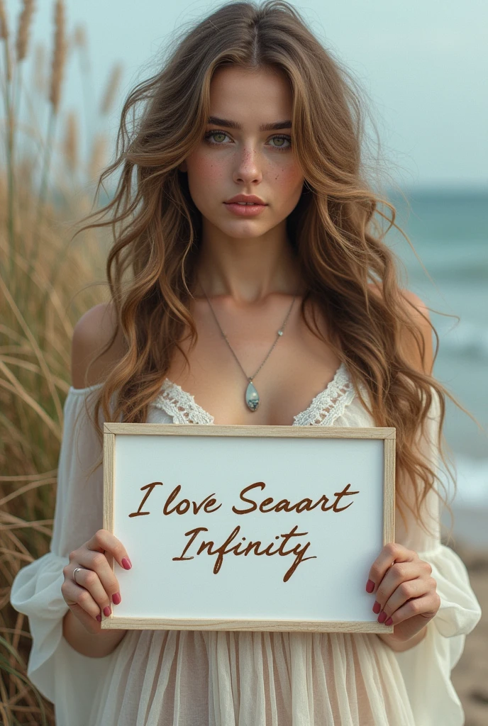 Beautiful girl with wavy long hair, bohemian dress, holding a white board with text "I Love Seaart Infinity" and showing it to the viewer