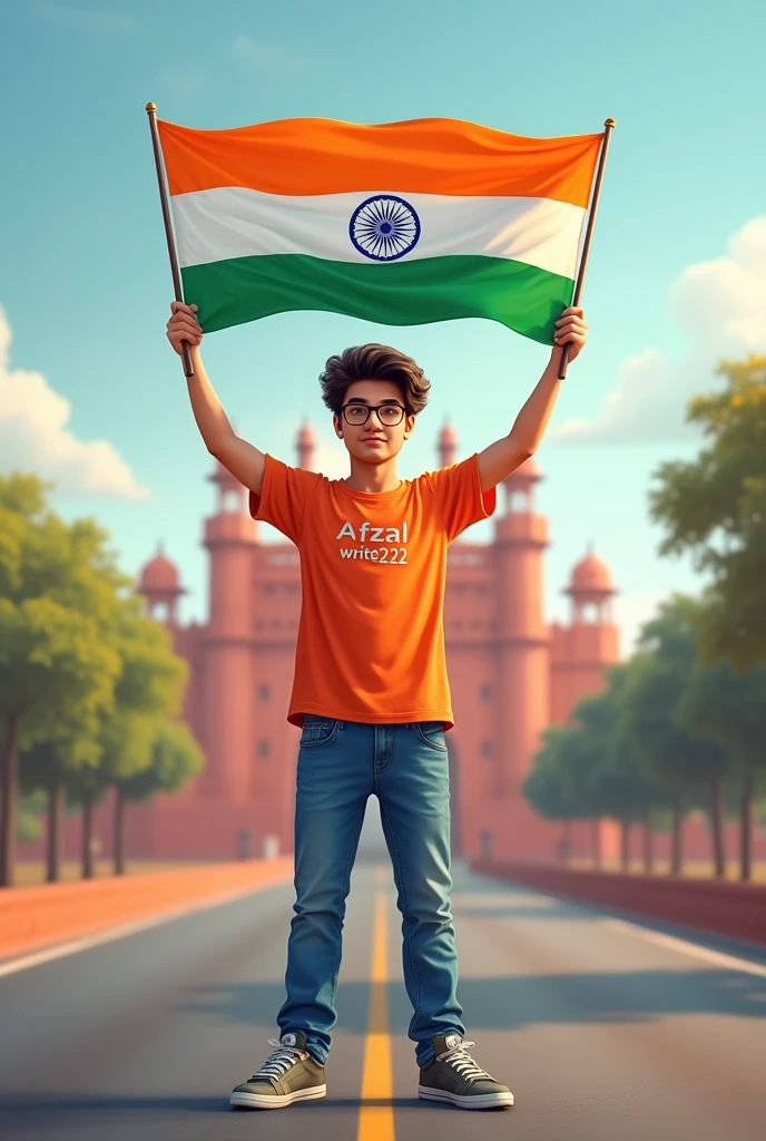 A real 25 years old boy, Wearing Orange T shirt blue jeans sneakers and the name “Afzal write222” is written on his t-shirt and the boy is standing on the road with holding a national flag of India, and behind him is the Red Fort Delhi. And written on sky “Independence Day” Create Realistic image high quality