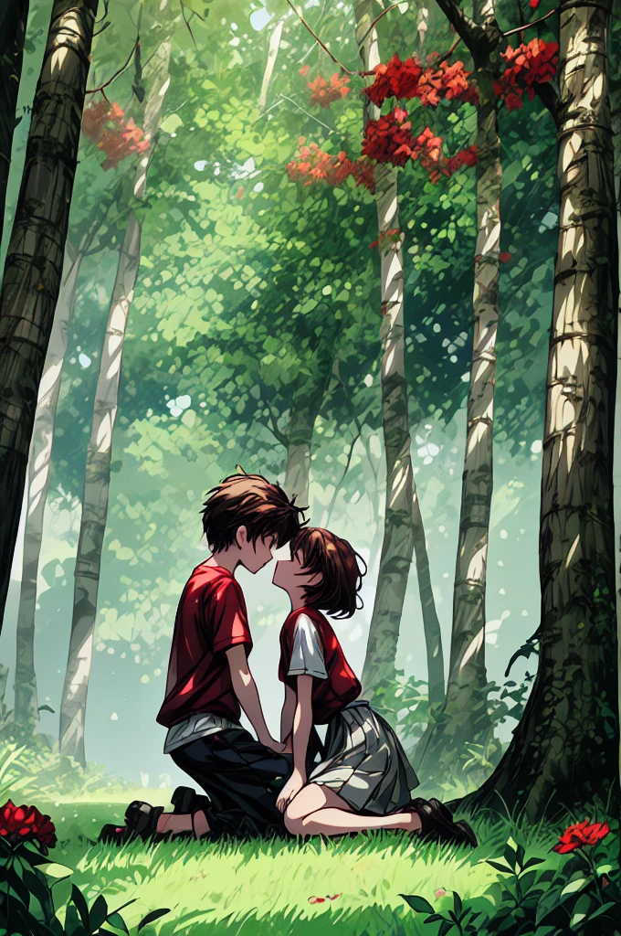 Digital illustration in an anime style, depicting a serene and emotional scene set in a lush forest. The layout is vertical, with the background featuring tall trees and dappled sunlight filtering through the canopy, creating a warm and inviting atmosphere. The foreground shows two characters, a boy and a girl, in a moment of tender interaction. The boy, with short brown hair and wearing a red shirt and shorts, is kneeling on one knee, holding the girl's hand. The girl, with long brown hair and wearing a white blouse and a grey skirt, stands facing him. Both characters have fair skin and are depicted with expressive facial features typical of anime art, including large, detailed eyes. The ground is wet, reflecting the light and adding to the tranquil mood of the scene. Red flowers and green foliage frame the characters, enhancing the natural beauty of the setting. 4k, ultra HD, High quality, best quality,