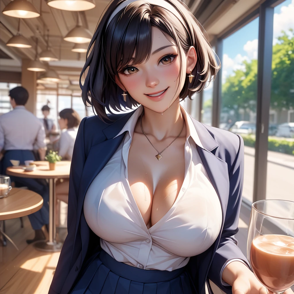 Perfect product、alone、Beauty、very cute、Black Hair, Short Bob Hair、Brown eyes , White hair band、Large Breasts、(shame:1.5)、Blue jacket、White blouse、Headphones on neck、Blue pleated skirt、Earrings、necklace、A big smile、Cowboy Shot、Best Angle、(Cafe terrace seating:1.3)、reading、Excessive sweating all over the body、Masterpiece、Professional illustrations、Professional work、Professional Lighting、Detailed face、Detailed eyes。(nsfw:1.5)、Focus on the face、Close-up of face
