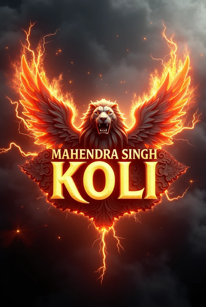 The name “MAHENDRA SINGH KOLI”with fire and wings , smoke, and lightning stars IN DIFFERENT SHADES OF black and a lion’s head taaj, typography, 3d rendering, photography, architecture, photo, fashion, vibrant, cinematic, 3d render, poster