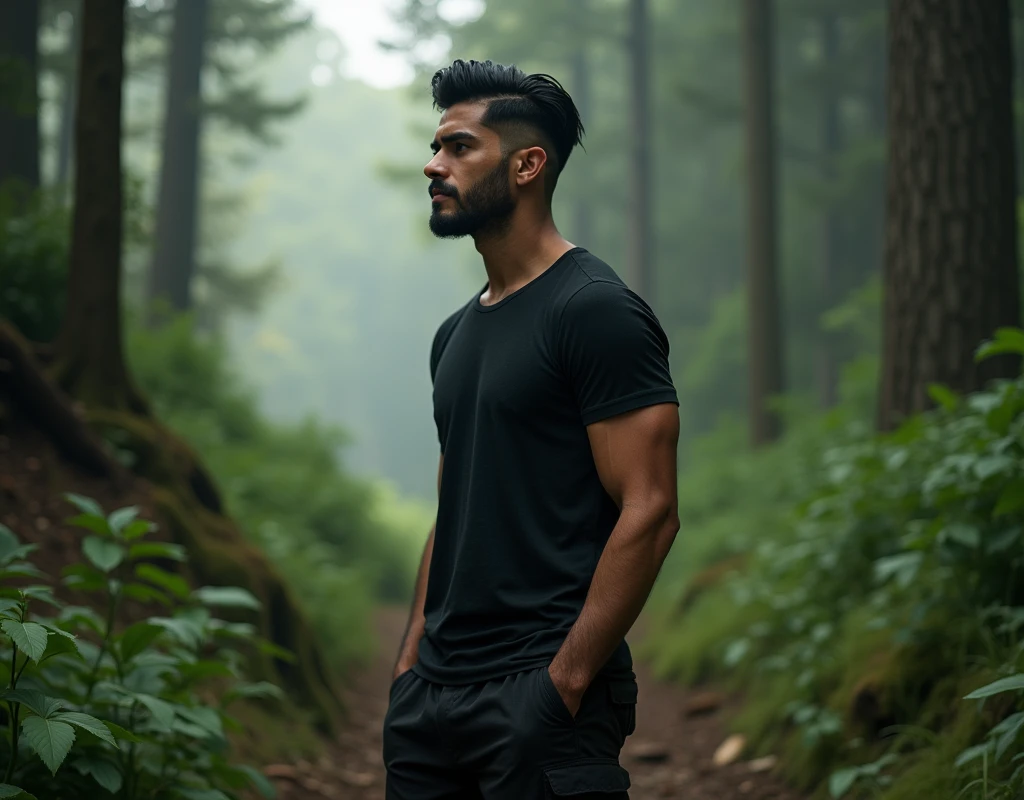 09 cm tall, 29-year-old, attractive man with black short layered swept back wavy crew cut hair, short black facial hair, Mediterranean-Native American features, no tattoos, black t-shirt, black cargo pants, hip shot, standing in wild woods, pensive expression, photorealistic, cinematic