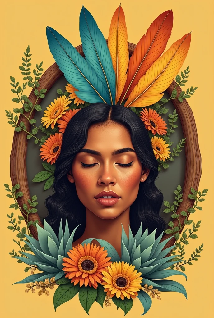 Illustration of the face of an indigenous Colombian woman with cinnamon-colored skin, eyes closed, headdress with orange, yellow, aquamarine and ochre feathers, surrounded by flowers, Succulents and creepers in a wooden circle on a sandy yellow background