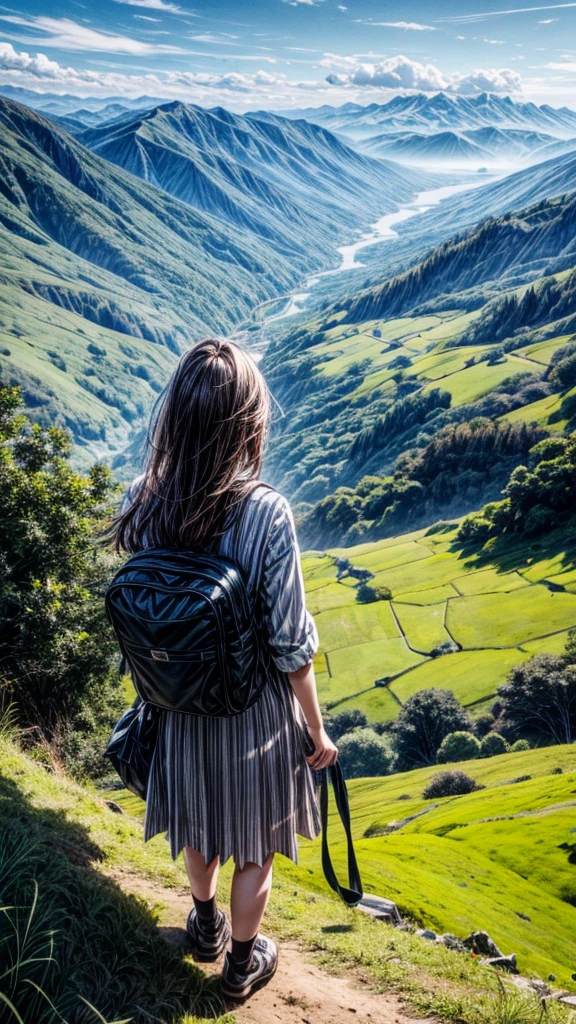 Aesthetic image change background to a green open area covered by green mountains