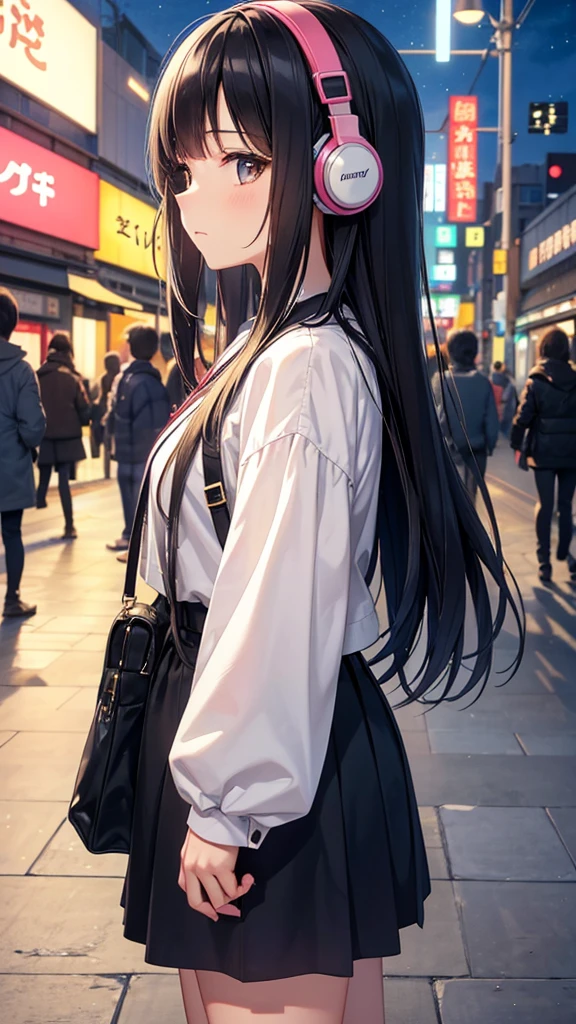 Traveling to Koshien。A young girl with black hair wearing stylish clothes and headphones labeled "lo-fi" The girl is shown in profile, gazing into the distance with a calm, relaxed expression Background depicts the iconic scenery of Namba, Osaka at night, without any text on signs A starry night sky adding to the peaceful atmosphere Overall mood is quiet and serene, perfect for lo-fi music Detailed hair rendering and careful attention to the girl's fashionable outfit The entire scene should evoke a relaxing, introspective feeling associated with lo-fi music