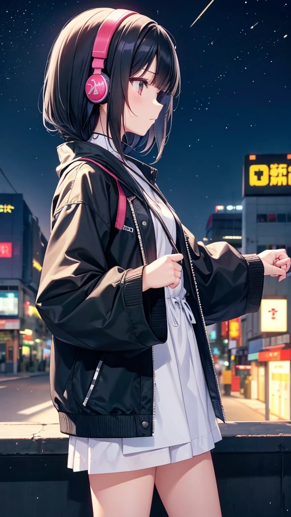 Traveling to Koshien。A young girl with black hair wearing stylish clothes and headphones labeled "lo-fi" The girl is shown in profile, gazing into the distance with a calm, relaxed expression Background depicts the iconic scenery of Namba, Osaka at night, without any text on signs A starry night sky adding to the peaceful atmosphere Overall mood is quiet and serene, perfect for lo-fi music Detailed hair rendering and careful attention to the girl's fashionable outfit The entire scene should evoke a relaxing, introspective feeling associated with lo-fi music