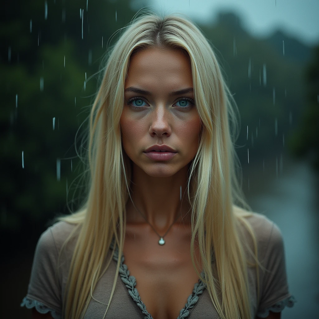 under the rain, portrait of a white woman, 40 years old, long straight blond hair, blue eyes, slim, full body, historical photography, ultra - realistic, natural light, Canon 5D, DSLR, 50mm, style raw, complex background, fine face and nose, fine mouth, smooth hair, skin pore visible, (Very detailed RAW photo), (photorealistic, dramatic and cinematographic lighting, Main light, Fill light), sharp focus, cinematographic, imperfect skin, Tissues, Textures, detailed face, detailed skin, detailed fingers, NaturalHand2-3500, analog film photo Deep photo, depth of field, Ferrania P30 Film, shadow, perfect face and body, low light, flash camera, washed-out film, desaturated, 35mm photo, grainy