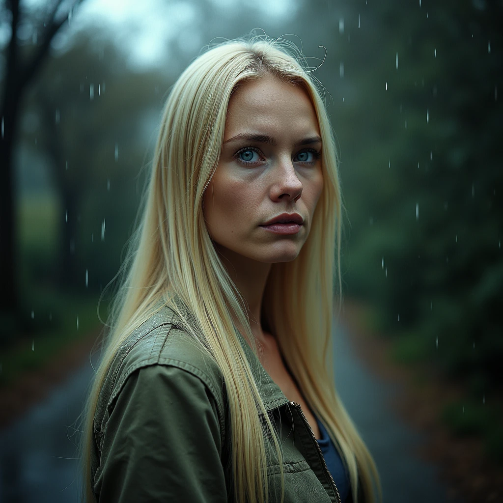 under the rain, portrait of a white woman, 40 years old, long straight blond hair, blue eyes, slim, full body, historical photography, ultra - realistic, natural light, Canon 5D, DSLR, 50mm, style raw, complex background, fine face and nose, fine mouth, smooth hair, skin pore visible, (Very detailed RAW photo), (photorealistic, dramatic and cinematographic lighting, Main light, Fill light), sharp focus, cinematographic, imperfect skin, Tissues, Textures, detailed face, detailed skin, detailed fingers, NaturalHand2-3500, analog film photo Deep photo, depth of field, Ferrania P30 Film, shadow, perfect face and body, low light, flash camera, washed-out film, desaturated, 35mm photo, grainy