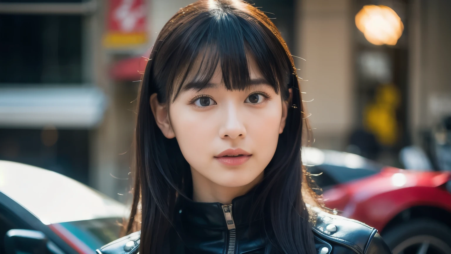 You are a professional photographer。masterpiece、8K、Highest quality, Soft Light, Ultra-high resolution, (Realistic:1.4), RAW Photos,24 years old Japanese, alone, cute, bangs、(pupil, Light in your eyes), Beautiful face in every detail, (Small box),(High resolution detail of human skin texture),Cleavage
、American Garage、American motorcycle repair shop、Harley Biker、Wear a leather jumpsuit、Accurate background、(Get on a bike)、
、(Portraiture)