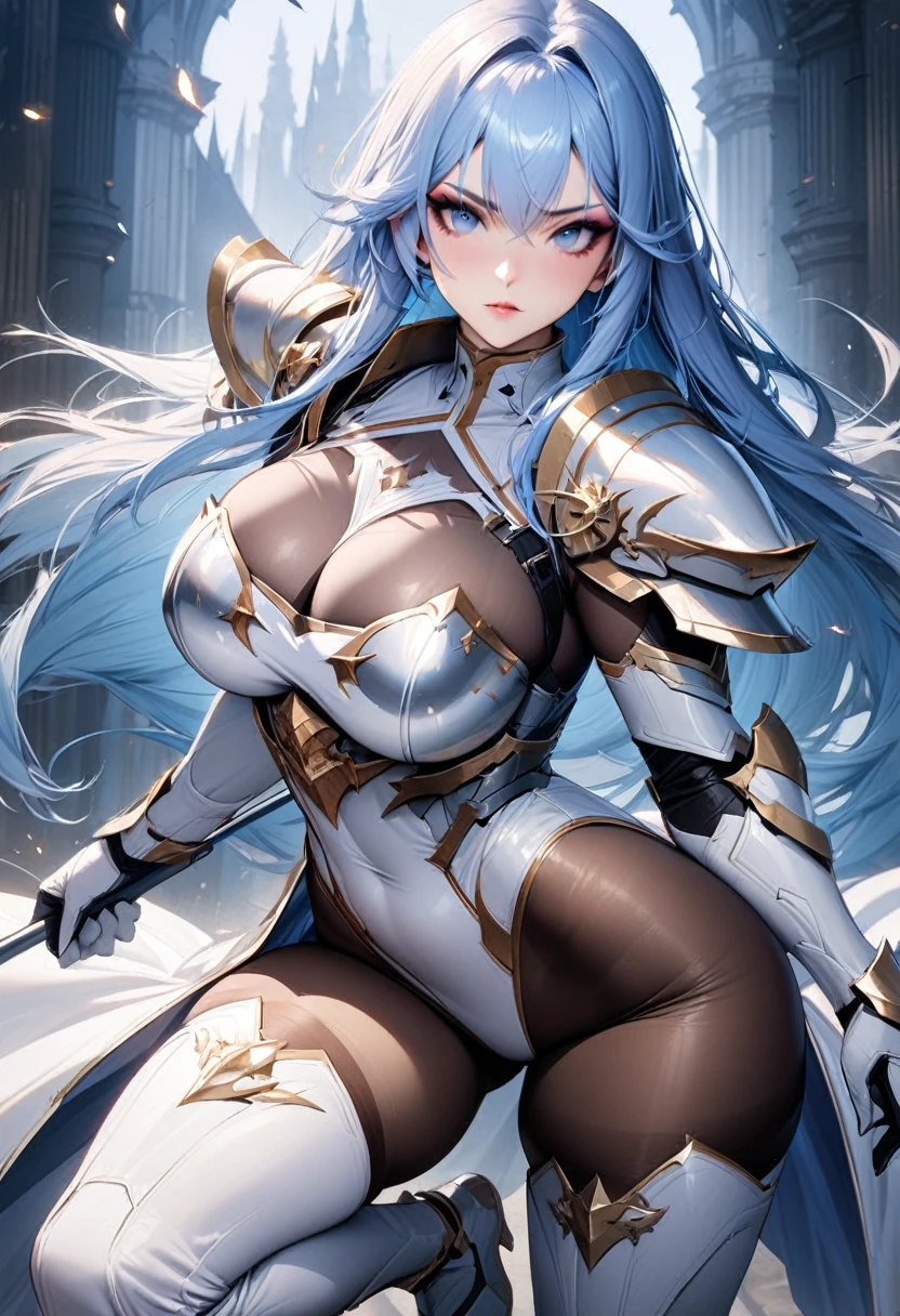 ((highest quality)), ((masterpiece)), ((hyperrealistic)), (solo), 1girl, ((curvy)), ((skindantation: 1.2)), perfect face, ((Azur Lane)), ((armored dress: 1.2)), ((paladin armor)), ((skin-tight high neck white leotard: 1.4)), ((white knight armor breastplate)), ((skin-tight black Investigator Bodystocking)), ((large pauldron)), (long gauntlet gloves), ((light blue hair straight long hair)), ((large breasts that look like they might burst)), (pantyhose thighs), (white knee-high boots), ((see through cleavage cutout)), zettai ryouiki, beautiful blue eyes, Perfect hands, perfect fingers, A magical spear decorated with luxurious goldwork., prepare a spear, makeup, fighting stance, Attacking