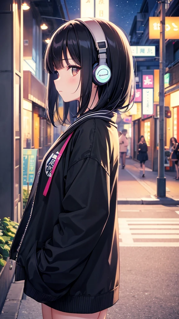 Traveling to Koshien。A young girl with black hair wearing stylish clothes and headphones labeled "lo-fi" The girl is shown in profile, gazing into the distance with a calm, relaxed expression Background depicts the iconic scenery of Namba, Osaka at night, without any text on signs A starry night sky adding to the peaceful atmosphere Overall mood is quiet and serene, perfect for lo-fi music Detailed hair rendering and careful attention to the girl's fashionable outfit The entire scene should evoke a relaxing, introspective feeling associated with lo-fi music