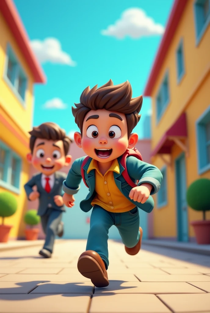 A youtube thumbnail a boy running away from school teacher in game