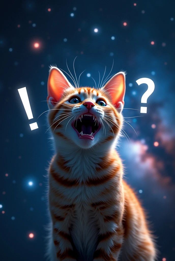 Close-up of a startled cat, outer space in the background (stars and galaxies shining beautifully), space cat, large "!?" on the screen is written in large letters on the screen,