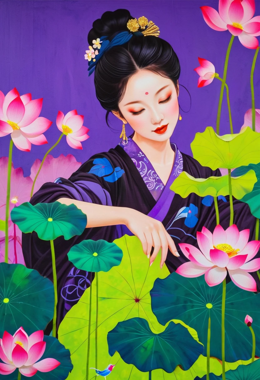 A painting:(((Colorful black,Chalk painting,Oil stick painting,Volume,Thick coating,Uneven texture,Plaster texture,Graffiti)))。Colorful black,Chinese girl in lotus leaf,Exquisite makeup, Foreground Lotus,Bright colors, Purple和, cute的, Bright colors,cute, Lavender Color and Color Schemes, 和Purple的配色方案, Beautiful Art, Purple, Whimsical Art, 和Purple色调, Lime and Violet, Close together,, spring, Inspired by Tomokazu Matsuyama, Delightful