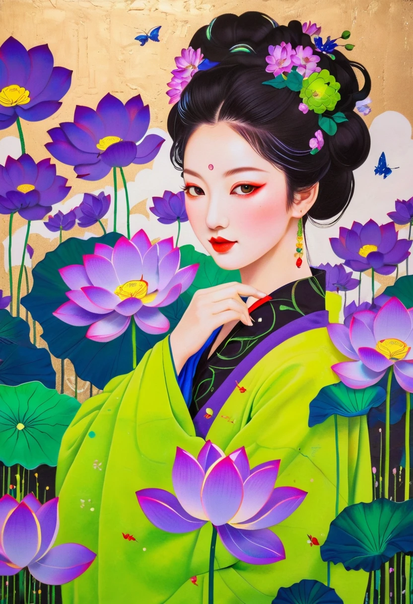 A painting:(((Colorful black,Chalk painting,Oil stick painting,Volume,Thick coating,Uneven texture,Plaster texture,Graffiti)))。Colorful black,Chinese girl in lotus leaf,Exquisite makeup, Foreground Lotus,Bright colors, Purple和, cute的, Bright colors,cute, Lavender Color and Color Schemes, 和Purple的配色方案, Beautiful Art, Purple, Whimsical Art, 和Purple色调, Lime and Violet, Close together,, spring, Inspired by Tomokazu Matsuyama, Delightful