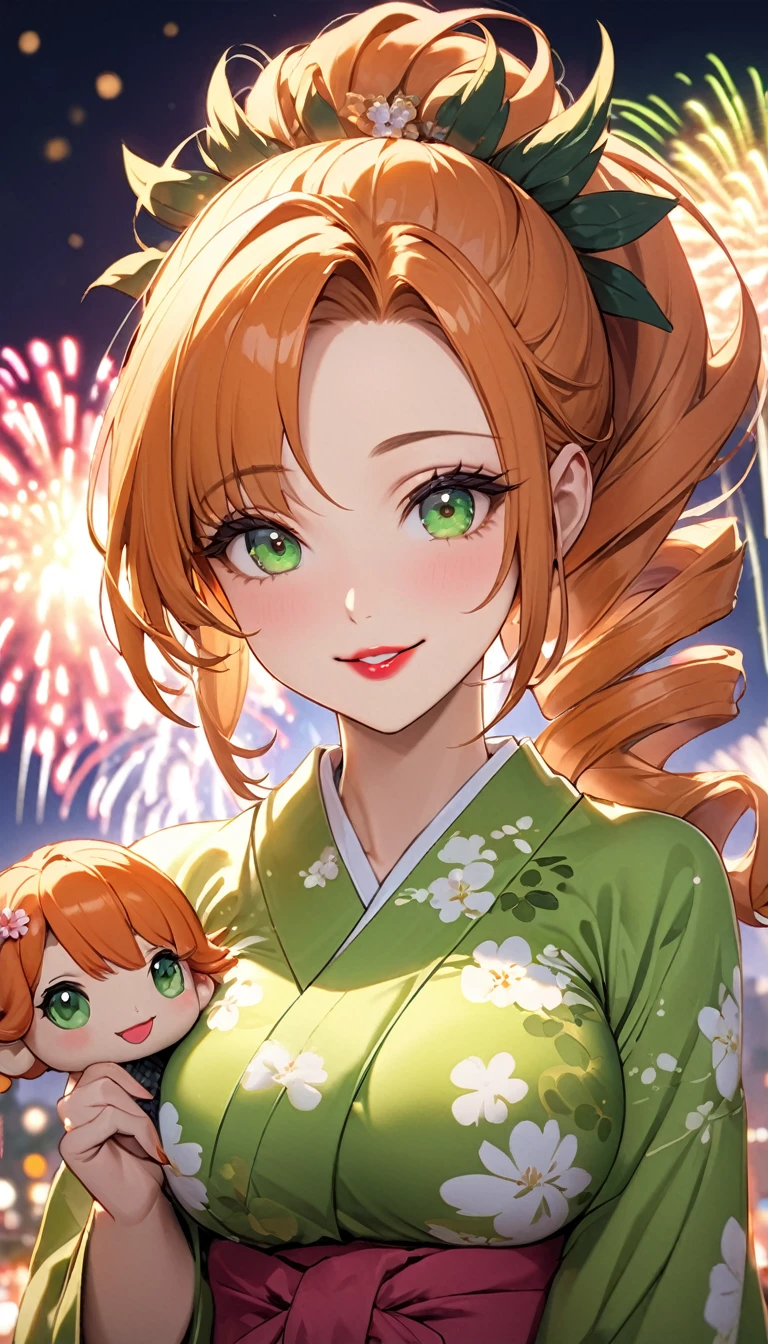 (Highest quality,4K,8k,High resolution,masterpiece:1.2),Very detailed,32-year-old woman、(((Mature Woman))), (((Mature Woman))), (((puppet))), Best Bust、Large Breasts, Beautiful Eyes、Orange Hair、Moss green eyes、Red lips, ((ponytail)), (Drill Hair), ((forehead)),  Very cute face, Glossy Lips, Double eyelids on both eyes,Natural smile、Tight waist、Sexy ass、Natural Makeup, Long eyelashes, Shiny and smooth hair、Japanese yukata costume、Flower Hair Ornaments、night、Fireworks display、Colorful fireworks、cowboy shot, from the front、Shallow depth of field