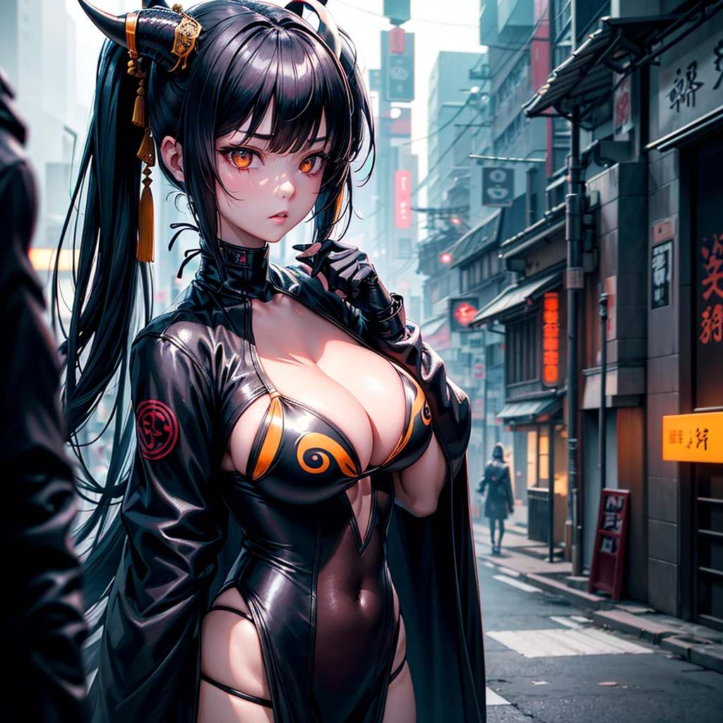 Score_9, score_8_up, score_7_up, (sketch), (mysterious mood), 1girl, beautiful young woman, side soft light,, highly detailed, masterpiece, fine skin, Hong Kong style woman with rotten horn ghost mask and vintage Delicate old high neck cyberpunk samurai ??????, translucent amber horns, glowing hair, ???????????, cleavage, navel, surrounded by cyberpunk Japanese streets, dark color, (surreal, large depth of field, color, 3D octane rendering , 4k trends, concept art, B0ld01lp41nt, dark theme, charcoal\ (medium\), photo_b00ster