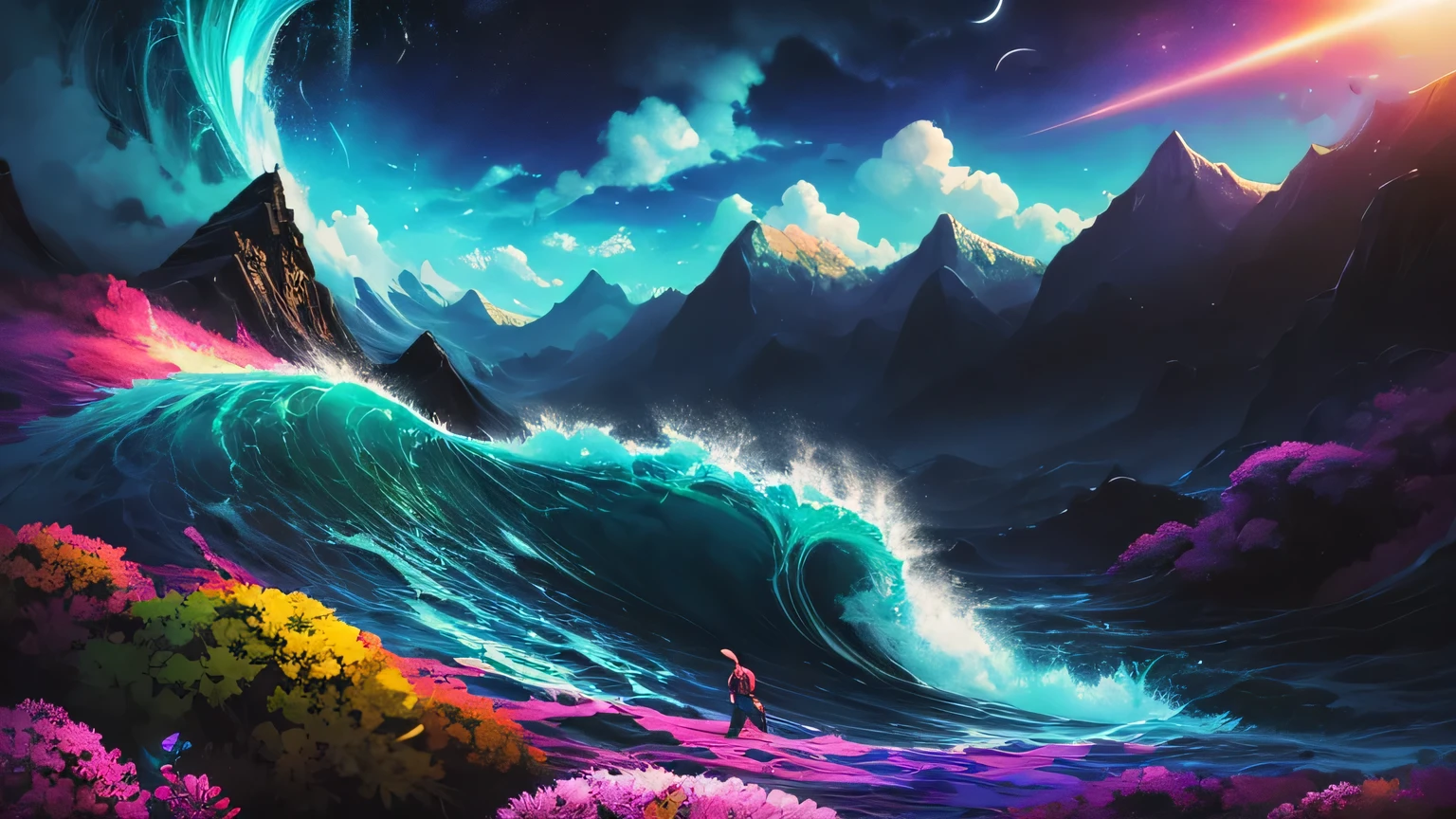 a colorful illustration of a wave crashing over a mountain, Psychedelic landscape, colorful illustration, colorful surreal plane ethereal, just a joke, Surreal psychedelic design, colorful surreal plane, artistic 4 k, arte digital elaborada, kilian eng vibrant colors, color digital painting, a surreal dream landscape, kilian eng vibrant colors, complex digital painting, digital landscape art, planets, universe, via lacta, eternidade infinita