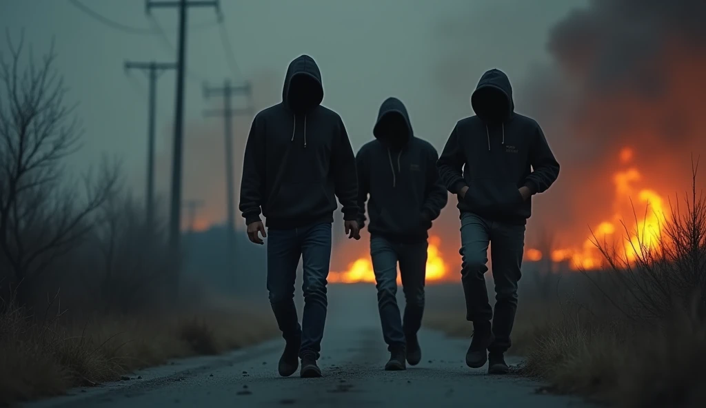 Three 28-year-old boys are hiding their faces with hoodies. The three are walking on the side of the road, fires are burning everywhere, it is very dark