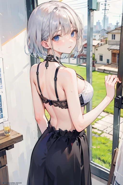  (8K, 4K, Best Quality, High Resolution: 1.2) ,1 girl, megami magazine, white hair, short hair, blue eyes, girl, sweat, medium , shy, detailed hand, looking at viewer, dynamic shadows, slight smile, back, bra, by window