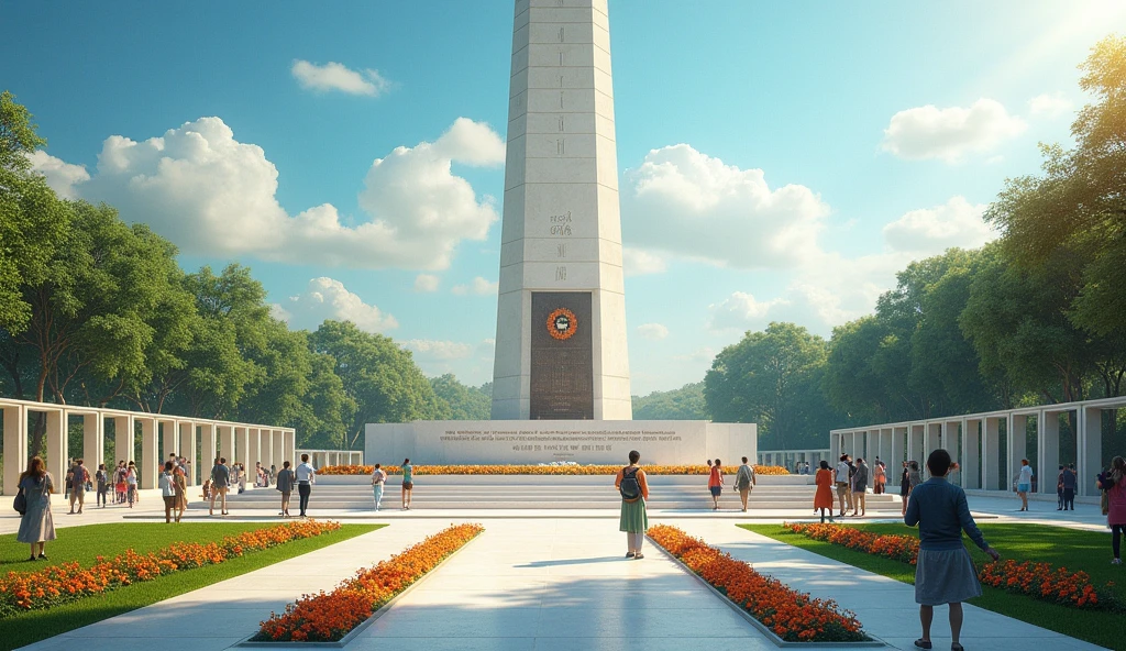**Independence Day Commemoration**: A serene image of a memorial or monument dedicated to the freedom fighters, with floral tributes and respectful visitors honoring their sacrifices..in Dall e-3 style