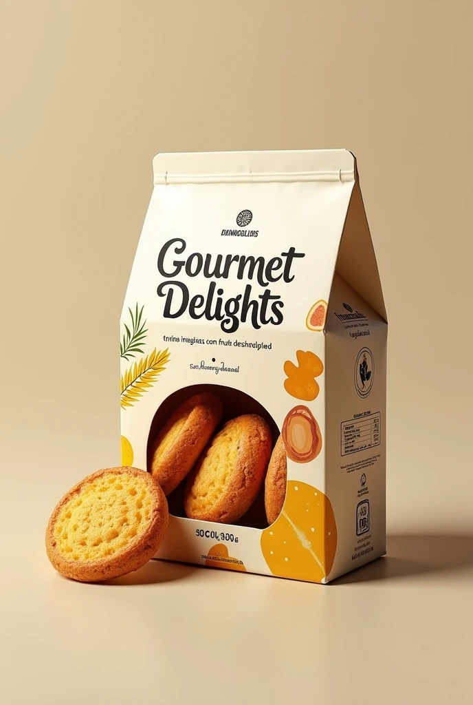 (photorealism:1.2), Create high-quality cookie packaging to launch on the market "Whole wheat biscuits with dried fruit" the company is called "Gourmet Delights" Take into account protection factors, Ingredients, presentation, sustainability. Keep in mind that it is in Colombia and all the steps necessary to bring it to market, but it should be in Spanish and attract attention. That they come in a package of 6 cookies and that they are Colombian. That it comes in another package and looks appetizing, and there are nuts. Let it be a small package