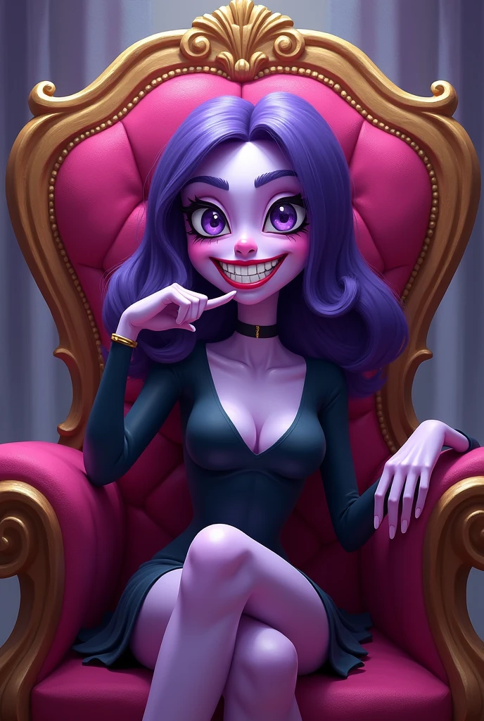 Eve , hazbin hotel, one person , light purple skin , big white bright smile , a gesture of keeping a secret , sitting on the throne