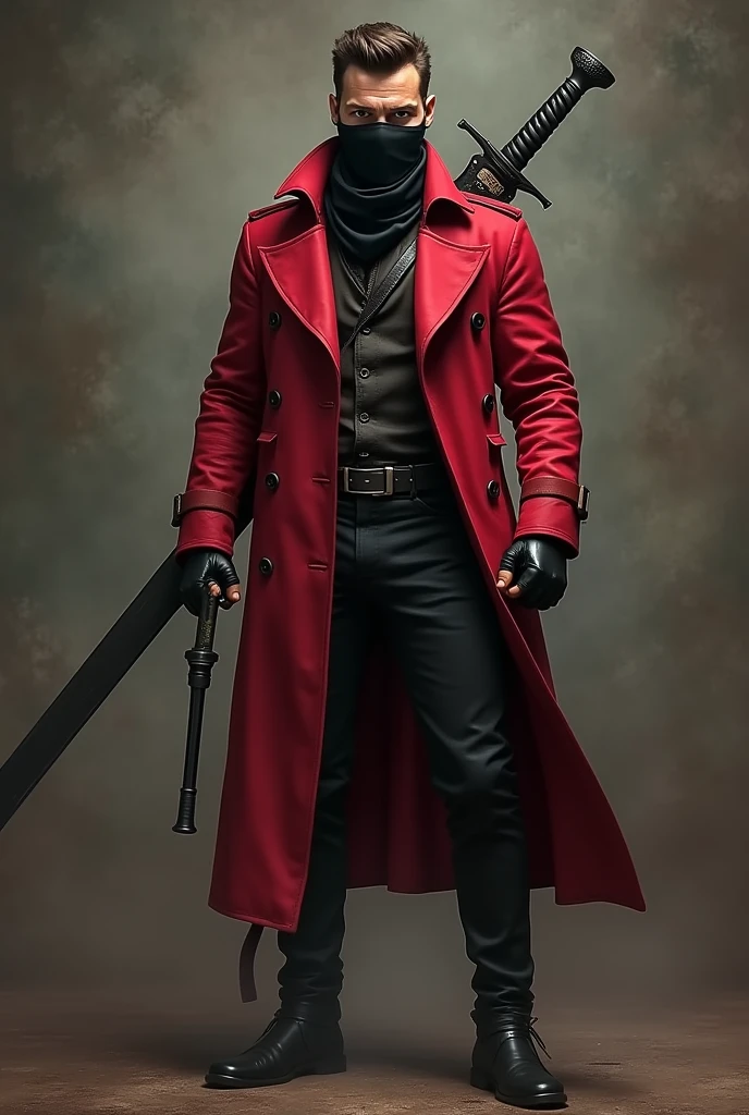 Create an anti-hero. that measures 1,87 cm, that is with a marked physique, that wears a red trench coat, a large sword on his back, Wearing black leather fingerless gloves, to wear a black bandana, to cover your mouth, look at the nose,, her cheekbones, and that on the sides of the legs, carry 2 revolver weapons. (That it is in a period pose and that it looks funny)